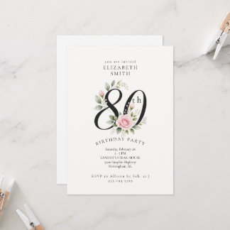 Elegante Geburtstagseinladung zum 80. mit rosa Ros Einladung