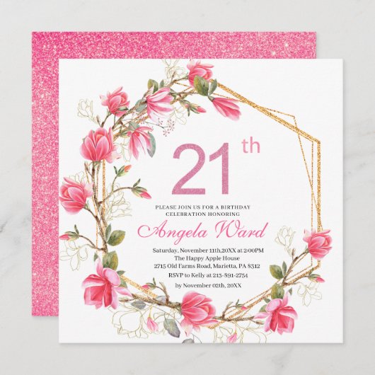 Elegante Geburtstagsfeier Aquarell Magnolia Einladung (Vorne/Hinten)