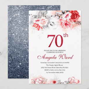 Elegante Geburtstagsfeier Blumen Glitter 70. Einladung