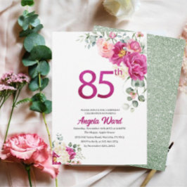 Elegante Geburtstagsfeier Blumenbeete 85. Glitzer Einladung