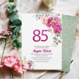 Elegante Geburtstagsfeier Blumenbeete 85. Glitzer Einladung
