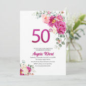 Elegante Geburtstagsfeier Blumengebäck 50. Glitzer Einladung (Stehend Vorderseite)