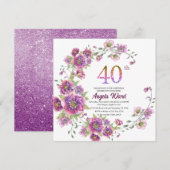 Elegante Geburtstagsfeier Blumengebäck Glitzer 40. Einladung (Vorne/Hinten)