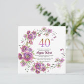Elegante Geburtstagsfeier Blumengebäck Glitzer 40. Einladung (Stehend Vorderseite)