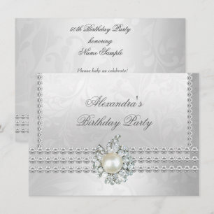 Elegante Geburtstagsfeier Silber Weiß Diamant Perl Einladung