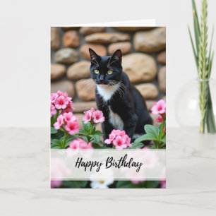 Elegante Geburtstagskarte Schwarze Katze Floral Karte