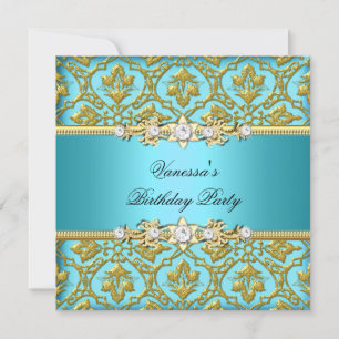 Elegante Geburtstagsparty Damask Aquamarin Blue Go Einladung