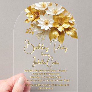 Elegante Geburtstagsparty Gold Weiße Blume Blumens Acryleinladungen