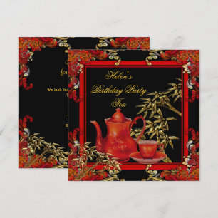 Elegante Geburtstagsparty-Tea Rot Gold Bambus Einladung