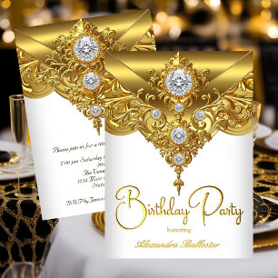 Elegante Geburtstagsparty Verziert White Gold Diam Einladung