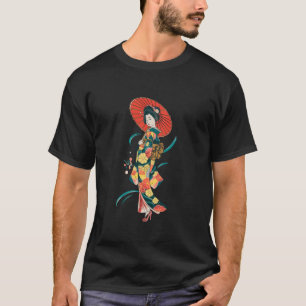 Elegante Geisha mit floralem Kimono-Sonnenschirm T-Shirt