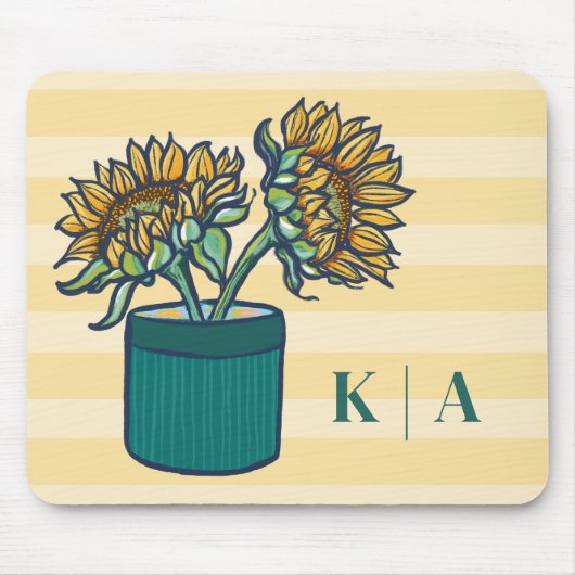 Elegante gelb gestreifte Monogramm-Sonnenblume Mousepad (Vorne)