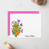 Elegante, gelb-orange Rose Blume mit Schmetterling Mitteilungskarte (Vorderseite/Rückseite Beispiel)