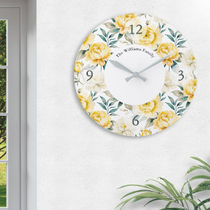 Elegante gelbe Blumen-Aquarell-Personalisierung Große Wanduhr