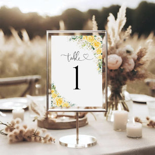Elegante gelbe Blumen-Hochzeitstisch-Nummernkarte