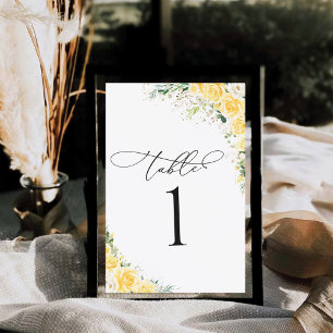 Elegante gelbe Blumen-Hochzeitstisch-Nummernkarte