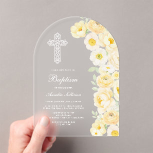 Elegante gelbe Blumenbogen-Taufe Acryleinladungen