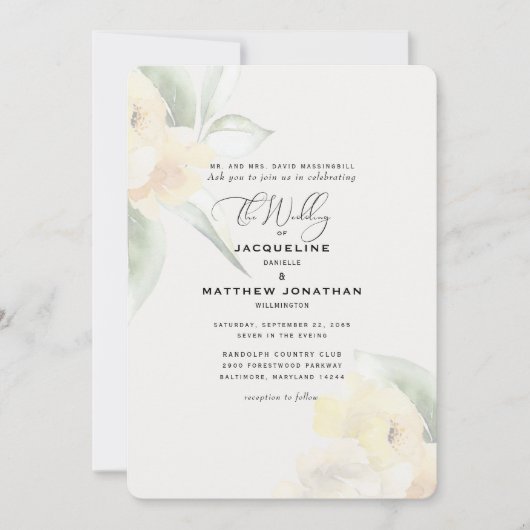 Elegante, gelbe Blütengrün Creme Hochzeit Einladung (Vorderseite)