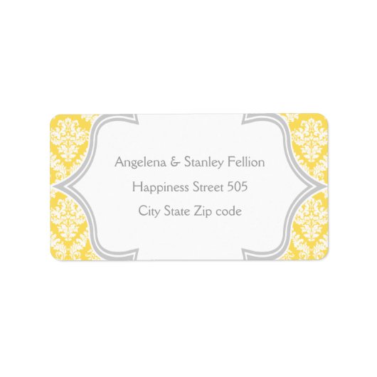 Elegante, gelbe, graue Damast-Hochzeit Adressaufkleber (Vorne)