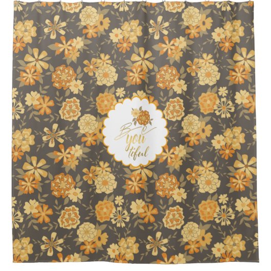 Elegante, gelbe, orangefarbene Blume auf Braun Duschvorhang (Vorderseite)