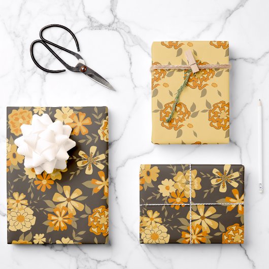Elegante, gelbe, orangefarbene Blume auf Braun Geschenkpapier Set