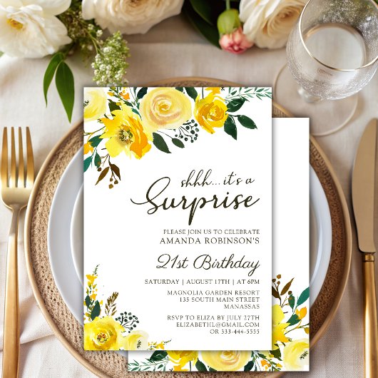 Elegante Gelbe Rose Blumenüberraschung 21. Geburts Einladung