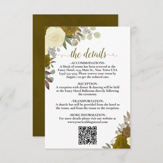 Elegante Gelbe Rose Hochzeitdetails QR-Code Begleitkarte (Vorne/Hinten)