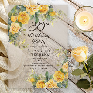 Elegante gelbe Rosen 30. Geburtstags-Einladung Acryleinladungen