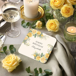Elegante gelbe Rosen-Blumen-Geburtstagsfeier Rechteckiger Pappuntersetzer