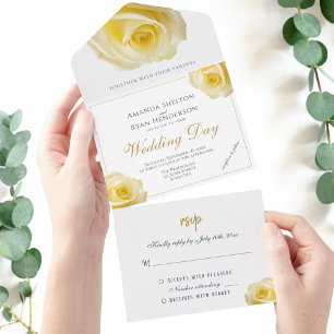 Elegante gelbe Rosen-Blumenhochzeit All In One Einladung