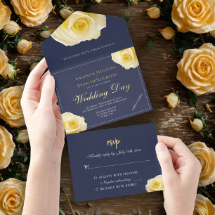 Elegante gelbe Rosen-Blumenhochzeit All-in-One-Einladung