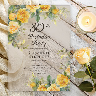 Elegante gelbe Rosen-Einladung zum 80. Geburtstag Acryleinladungen