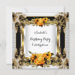 Elegante gelbe Rosen Gold Weiß Schwarz Geburtstag  Einladung