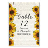 Elegante gelbe Sonnenblume Land Blumenhochzeit Tischnummer (Rückseite)