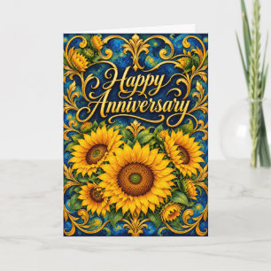 Elegante gelbe Sonnenblumen blaue Jubiläum Karte