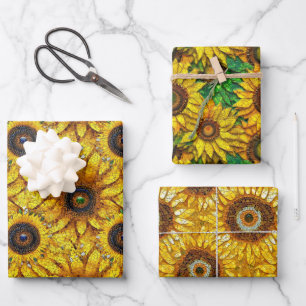 Elegante gelbe Sonnenblumen-Mosaik-Glasmuster Geschenkpapier Set