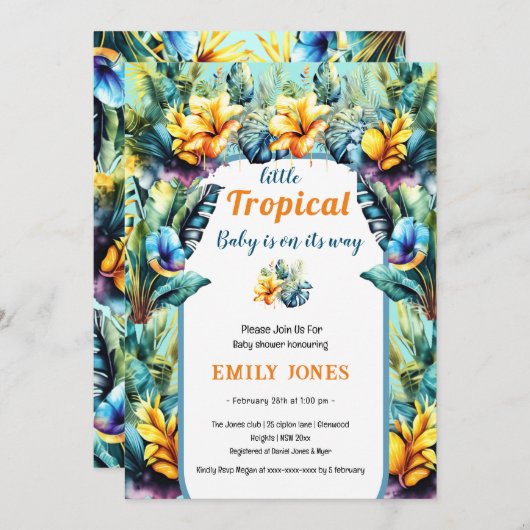 Elegante gelbe tropische Boulendusche Einladung (Vorne/Hinten)