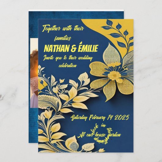Elegante gelbe und blaue Hochzeitseinladung Einladung (Vorne/Hinten)