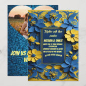 Elegante gelbe und blaue Hochzeitseinladung Einladung (Vorne/Hinten)