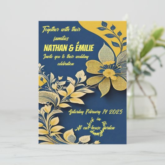 Elegante gelbe und blaue Hochzeitseinladung Einladung (Stehend Vorderseite)