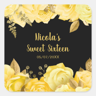 Elegante gelbe und goldene Blumen Sweet Sixteen Quadratischer Aufkleber