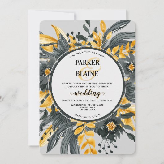 Elegante, gelbe und graue florale Moderne Script H Einladung (Vorderseite)