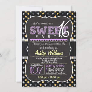 Elegante gelbe und violette Sterne Sweet 16 Party Einladung