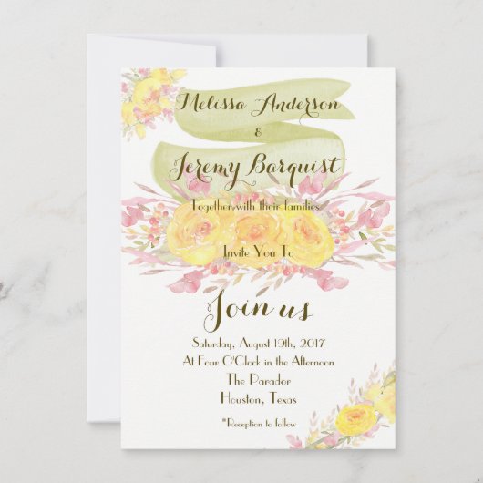 Elegante Gelbe Wasserfarben Rose Einladung Hochzei (Vorderseite)