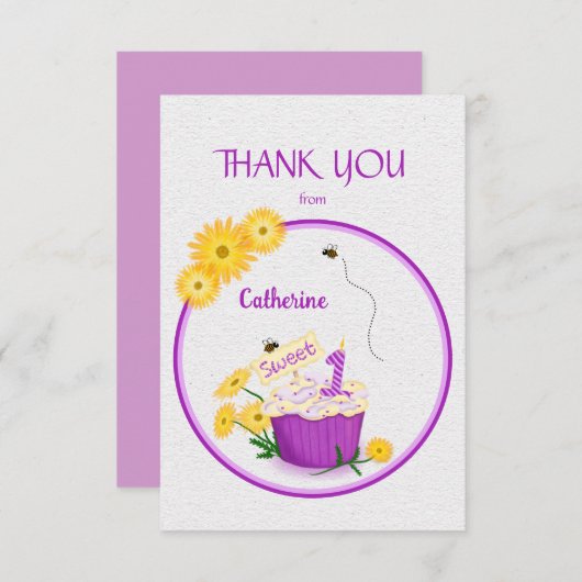 Elegante Gelbe Wildblume 1. Geburtstag Cupcake Dankeskarte (Vorne/Hinten)