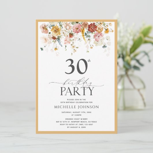 Elegante Gelbe Wildblume Wasserfarbe 30. Geburtsta Einladung (Stehend Vorderseite)