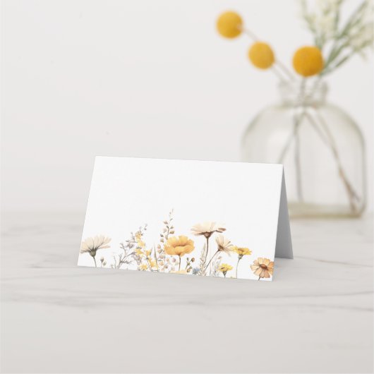 Elegante, gelbe Wildblumen Hochzeit Platzkarte (Rückseite)