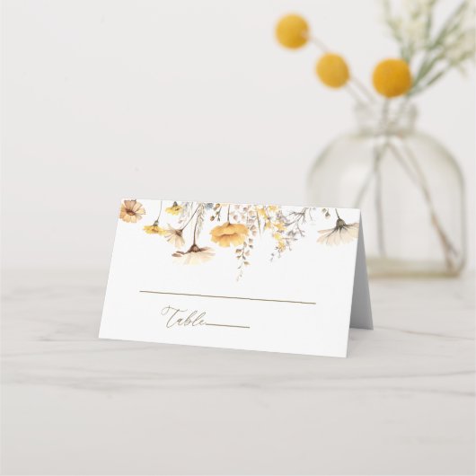 Elegante, gelbe Wildblumen Hochzeit Platzkarte (Vorderseite)