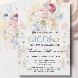 Elegante gemalte rosa Rose Blumen 100. Geburtstag Einladung
