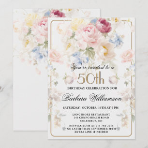 Elegante gemalte rosa Rose floral 50. Geburtstag Einladung
